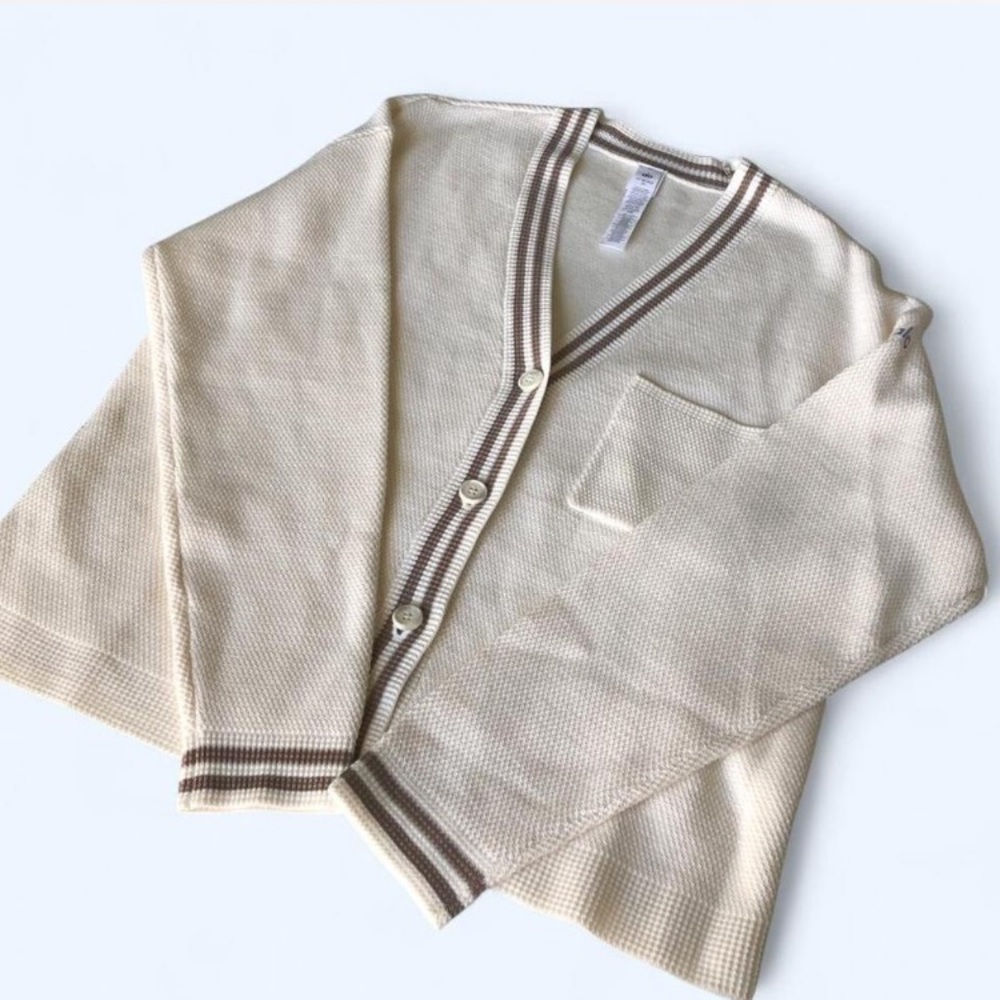 ALO Yoga Cream Cardigan with Brown Stripe Trim